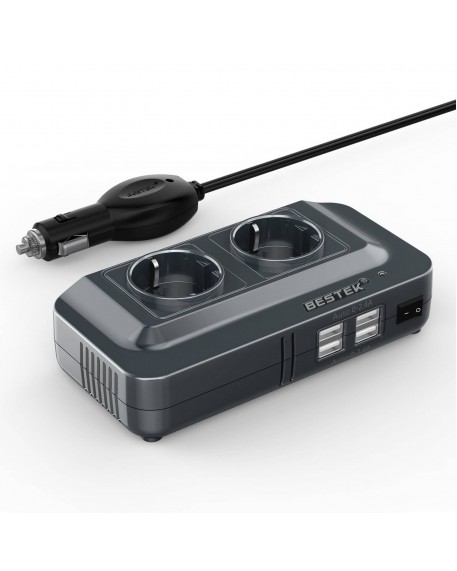 BESTEK 200W KFZ Spannungswandler 12V auf 230V Wechselrichter mit 2 Steckdosen und 4 USB Autoladegerät inkl. Zigarettenanzünder Stecker Schwarz